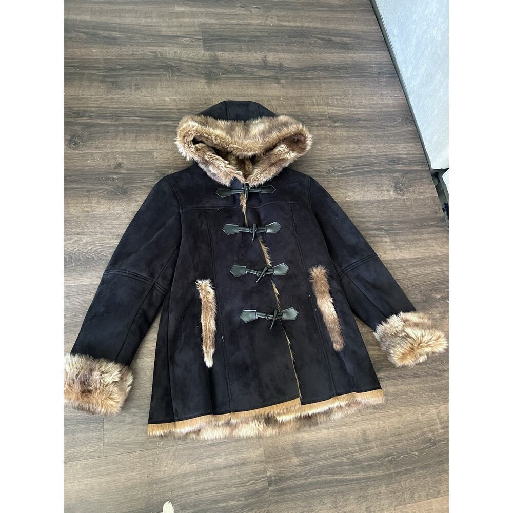 NWT Coldwater Creek Wonderlands toggle pea Coat Sz M Black suede faux fur